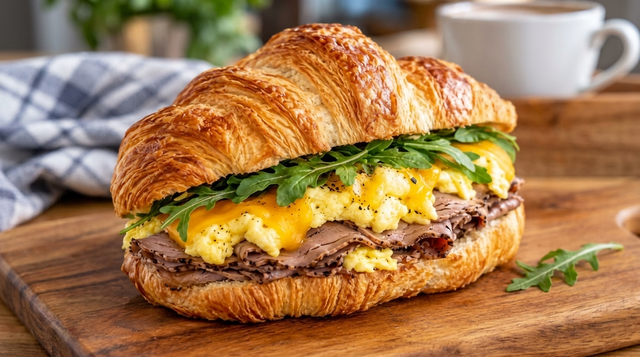 Roast Beef Egg & Cheese Croissant.
